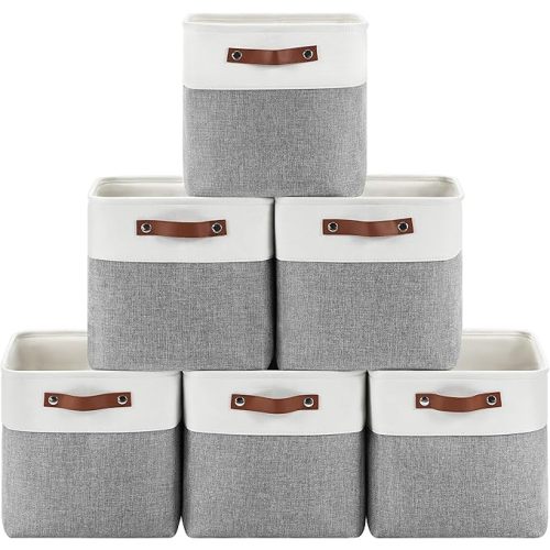 6-Pack Foldable Fabric Storage Cubes 11x11 Inch, Sturdy Cube Organizer Bins with Leather Handles, Storage Baskets for Closet Shelves and Home Organization(White/Gray)