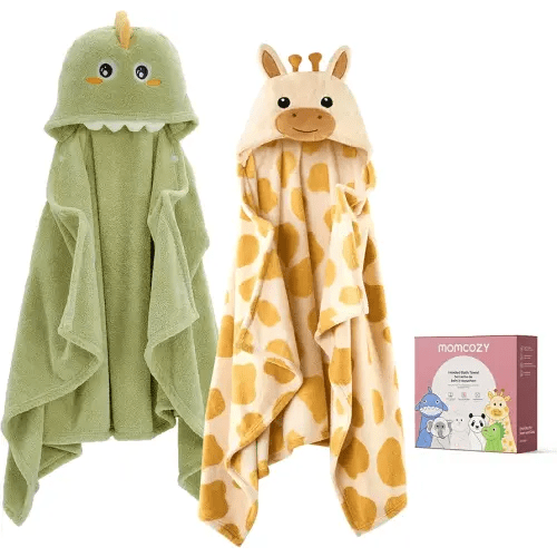 Momcozy Baby Bath Towels with Visualize Health Label - Ultra Soft & Absorbent Coral Fleece Hooded Towels for Newborn, Infant, Toddler (0-36 Months) Bath Essentials (Large Size,2 Pack)