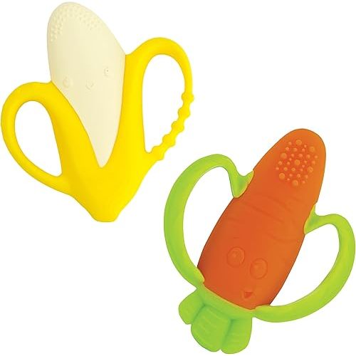 Infantino Lil' Nibbles Textured Silicone Baby Teether Bundle - Sensory Exploration & Teething Relief with Easy to Hold Handles, Orange Carrot & Yellow Banana, 0+ Months