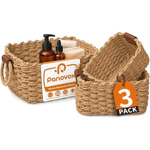 Small Wicker Baskets, 3 PCS Paper Rope Baskets for Shelves, Brown