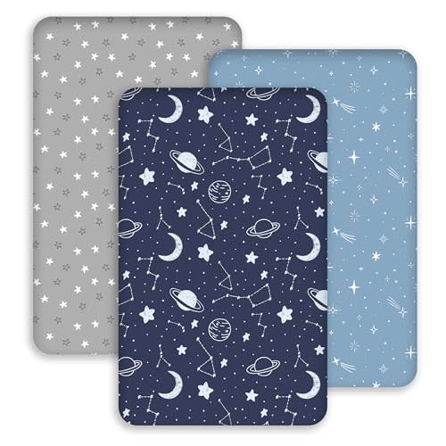 Baby Bassinet Sheets 33x20 for Baby Delight, Newton,Airclub,Maxi Cosi,Angelbliss,Dream on Me,Mika,Harppa,Amke,ezebaby Rectangle Bassinet Mattress - Navy Blue Planet 3 Pack Boy