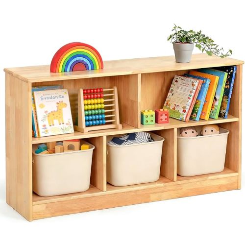 Rubber Wood Montessori Bookshelf, 5-Section Wooden Storage Cabinet