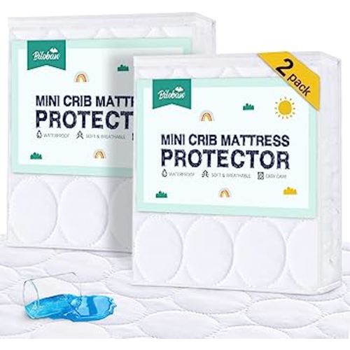 Mini Crib Mattress Protector Sheets Waterproof 2 Pack, Quilted Pack and Play Mattress Pad Cover Fits for Mini Crib/Playen/Pack and Play Mattress, White, 38"x24"