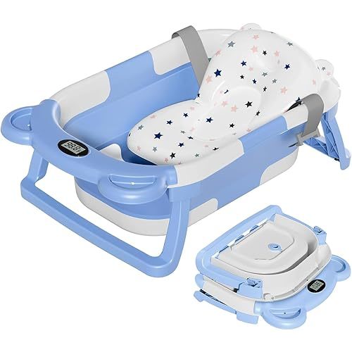 TPN Collapsible Baby Bathtub, Baby Bath Tub with Soft Cushion & Real-Time Thermometer, Baby Bathtub Infant to Toddler Tub (0-36 Months), Portable Newborn Travel Bath Tub