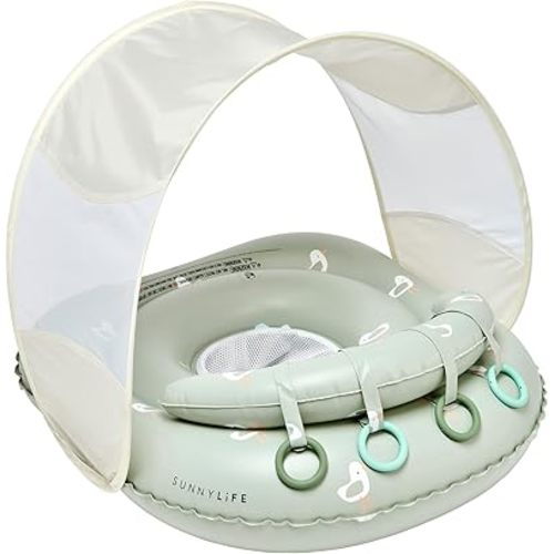 SUNNYLiFE Infant Float with Canopy UPF40 — Baby's First Pool Float for 6-12 Months | Sammy The Seagull Green, Adjustable Seat, 4 Play Rings, Non-Toxic PVC