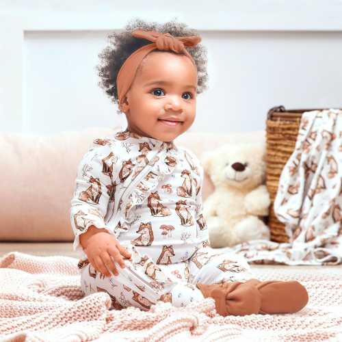 Baby Girl Woodland Fox Zipper Romper – Soft Bamboo Cotton Blend Footed Onesie with Ruffle Trim, Eco Infant Outfit, Animal Lover Gift