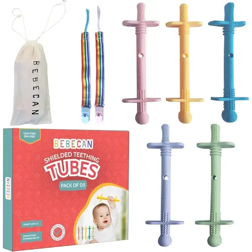 Shielded Teething Tubes – Baby Teething Relief 0-36 Months, Anti-Choking Design, Clip-Attachable, BPA-Free Silicone, 5 Soft Tubes + 2 Teether Clips + 2 Brushes + Storage Bag