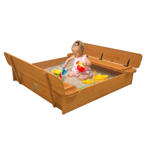 RUNSHED Large Wooden Kids Sandbox with Lid – Outdoor Sand Box for Kids with Cover Sand Protection, Foldable Bench Seats and Bottom Liner | Wayfair