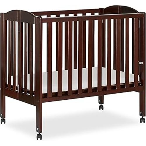 Dream On Me 2-in-1 Folding Portable Compact Mini Baby Crib in Espresso, GreenGuard Gold & JPMA, US Patented Flat Folding System, Locking Wheels,1″ Mattress Pad, Space-Saving Quck Fold Easy Storage