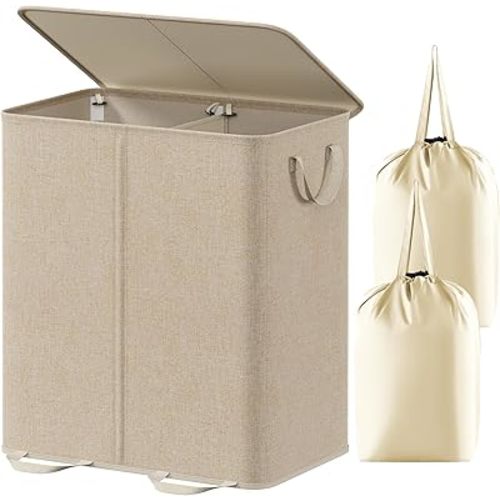 Lifewit Double Laundry Hamper with Lid and Removable Laundry Bags, Large Collapsible 2 Dividers Dirty Clothes Basket with Handles for Bedroom, Laundry Room, Closet, Bathroom, College, 155L Beige