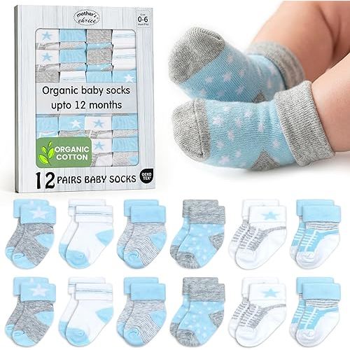 Mother's Choice Baby Socks 0-6 Months 12 Pairs Warm Neutral Organic Cotton Blend Newborn Socks for Boys & Girls Stay-On Stretch Infant Socks OEKO-TEX Certified Baby Gift
