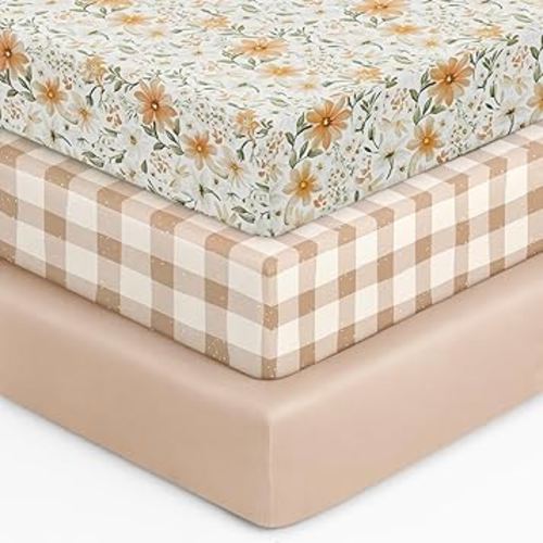 Baby Crib Sheets for Boys Girls, 28x52x8in Fitted Crib Sheet Neutral 3 Pack for Standard Crib and Toddler Mattress, Breathable Soft Microfiber Baby Sheet Orange Flowers & Plaid