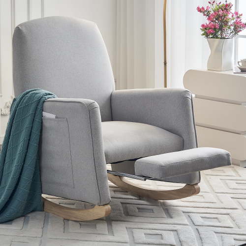 Jopath Nursery Rocking Chair,Cotton Linen Upholstered Rocking Chair with Adjustable Footrest,Glider Rocker Chair with High Backrest for Living Room,Bedroom,Light Gray