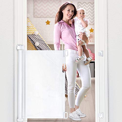 Retractable Baby Gate, OTTOLIVES Mesh Safety Gate for Babies and Pets, Extra Wide Safety Baby Gate 34" Tall, Extends to 54" Wide, Flexible Gate for Indoor/Outdoor/Stairs/Doorways/Hallways (White)