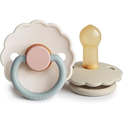 FRIGG Daisy Natural Rubber Baby Pacifier | Made in Denmark | BPA-Free (Cotton Candy/Sandstone, 6-18 Months) 2-Pack