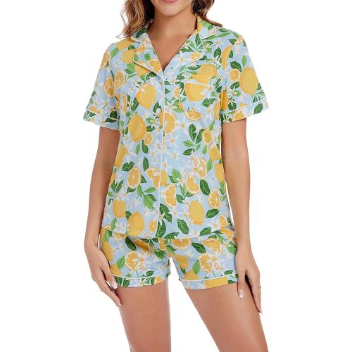 LUBOT 100% Cotton Pajamas for Women 2 Piece PJ Set Button-Down Soft Knit Short Sleeve Summer Sleepwear Loungewear XS-XXL