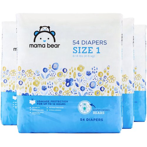 Amazon Brand - Mama Bear Diapers Size 1, 216 Count, Bears Print (4 packs of 54) [Packaging May Vary]
