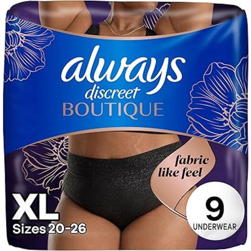 Always Discreet Boutique Incontinence and Postpartum Underwear for Women, Maximum Protection, Extra Large, Black, 9 Count