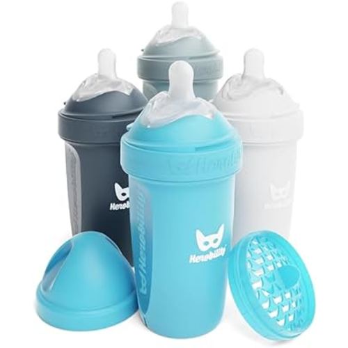 Herobility Double Anti-Colic Baby Bottles – 8.5 fl oz/240ml – 4-Pack – Multicolor - White, Gray, Iron Blue, Blue