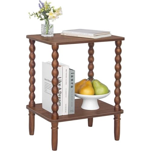 Fultyle Small Side Table, Walnut End Table with 2-Tier Shelf, Vintage Nightstand Coffee Table for Bedroom, Living Room, Small Spaces (Walnut Brown)