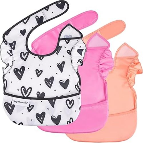 Tiny Twinkle Mess-Proof Baby Bibs for Eating | Waterproof, Wipeable Toddler Bibs with Catch-All Pocket | Feeding Bibs for Girls & Boys(3 Pack,Girl Hearts)
