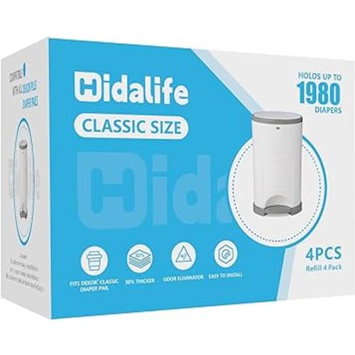 HIDALIFE Refills Compatible with Dekor Classic Diaper Pails, Disposable Diaper Trash Bags, Extra Thick Diaper Pail Refill Liners, Hold Up to 1980 Diapers (4 Pack)