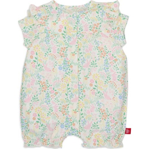 Hoppy Garden Print Modal Ruffle Shoulder Romper, 0-3M