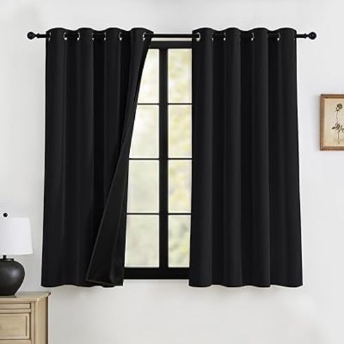 RYB HOME 100% Blackout Black Curtains for Bedroom Living Room, Heat Blocking Energy Saving Noise Reducing Window Curtains & Drapes for Kids Room, 52 inches Wide by 63 inches Long, 2 Panels Set