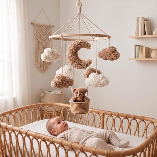 Teddy Bear Baby Mobile, Boucle Moon Cloud Crib Mobile Bear in Wicker Basket, Boho Neutral Nursery Decor, Baby Shower Gift, Newborn Present