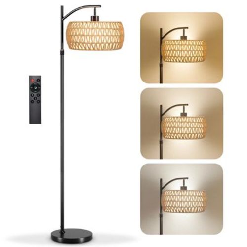 Dimmable Floor Lamp with 3-in-1 Rattan Fabric Shade, Adjustable Height, Remote, 3 Color Temperatures