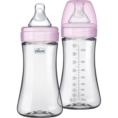 Chicco Duo 9oz Hybrid Baby Bottle, Real Glass Inside, Lightweight Plastic Outside, Patented Invinci-Glass Technology, Intui-Latch Nipple, 2-Pack, Clear/Pink