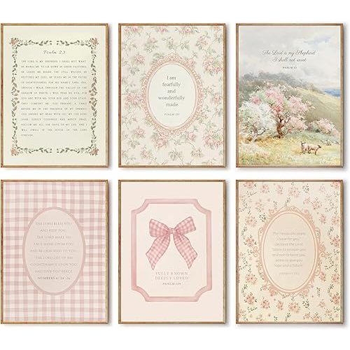 ZARTMYY Christian Nursery Wall Art Bible Verse Wall Decor Prints Jesus Religious Posters Pink Flower Bow Bible Verse Canvas Painting Kids Vintage Christian Boho Prints for Girls Bedroom 6Pcs Unframed