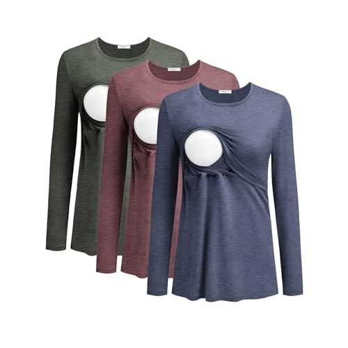 Ekouaer Women 3 Packs Nursing Shirts Long Sleeve Breastfeeding Tops Round Neck Postpartum Clothes Double Layer Maternity Tee