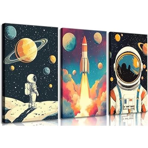 lkjhgf999 3 Pcs Space Canvas Wall Art Nursery Space Astronauts Kid Painting Pictures Wall Decor Explore Dream Galaxy Canvas Prints Artwork for Boys Room Girls Room Kids Room Decoration