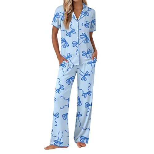 Ekouaer Pajamas for Women Set Button Up Soft Pjs Short Sleeve Lounge Sets | Cute Scalloped Trim, Notch Collar, Side Pockets, Soft Breathable Fabric,Ideal for Daily Wear, Maternity, Postpartum