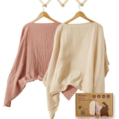 Nursing Cover for Breastfeeding, 2 Pack, 100% Cotton Muslin, 360° Privacy, Lightweight & Breathable, Multi-Use Baby Car Seat & Stroller Cover, Linen & Dusty Pink