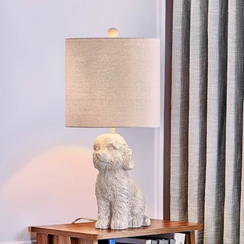 Crestview Collection 24" Golden Doodle Dog Resin Table Lamp, Desk Lamp w/White Linen Shade,Cute Bedside Lamp for Bedroom,Nightstand Lamps for Living Room,Unique Aesthetic Home Room Decor (White)
