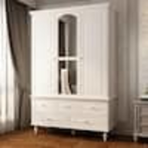 FUFU&GAGA White Paint Big Wardrobe Armoires W/Mirror, Hanging Rod, Drawers, Adjustable Shelves 70.9 in. H x 47.2 in. W x 20 in. D KF330053-012