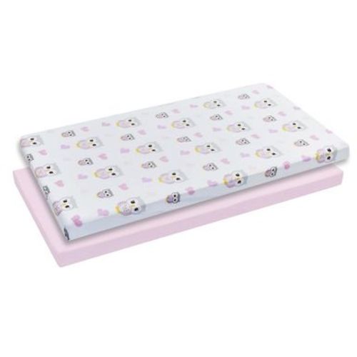 Everyday Kids 2 Pack Baby Girl Cradle Sheets – 100% Cotton, Breathable Fitted Covers – Gray Owls with Pink Hearts & Solid Pink Designs