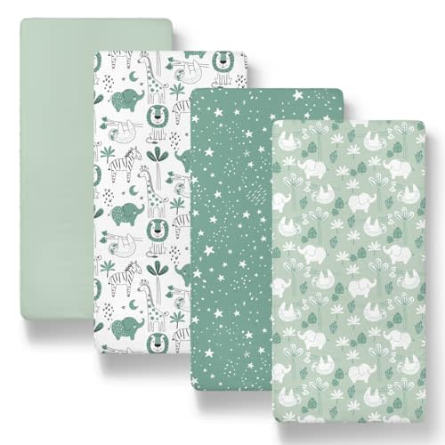 The Peanutshell Baby Bassinet Sheets 4-Pack - Soft, Oval & Fitted Baby Girls or Boys Sheet, Rectangle, Fitted Covers for Crib, Halo Bassinet Mattress - Green Safari
