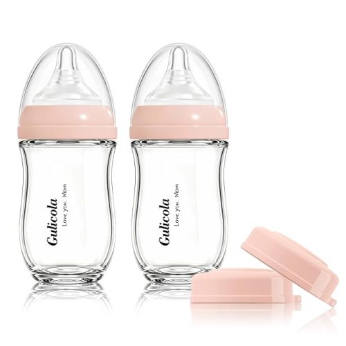 Gulicola Natural Glass Baby Bottle for Breastfeeding Babies, Newborn Anti-Colic Bottle Set with Slow Flow Nipple, 0-3 Months, 5 oz, 2 Pack - Pink