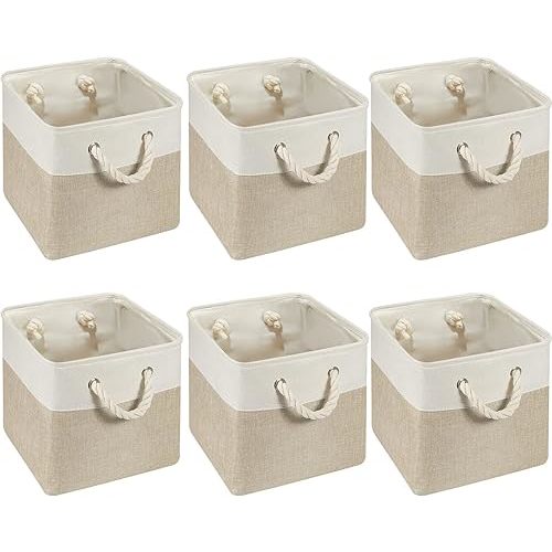 Geiserailie 6 Pcs 11 x 11 Inch Cube Storage Bins Fabric Storage Organizer Bins Foldable Cube Baskets with Sturdy Carry Handles Wicker Baskets for Home (White,Light Brown)