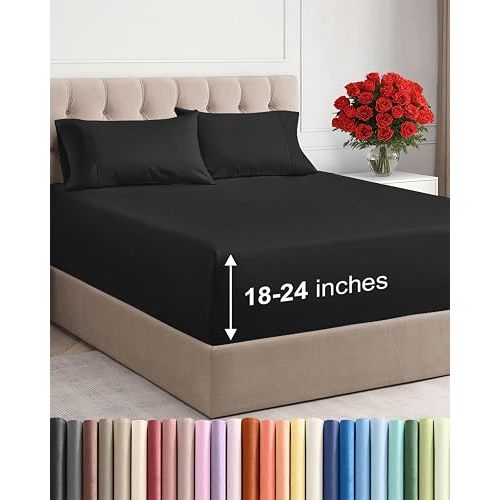 Extra Deep Queen Sheet Set - 4 Piece Breathable & Cooling Bed Sheets - Easily Fits 18 to 24 inch Mattress - Ultra Soft, Wrinkle & Fade Free w/ Extra Deep Pockets - Comfy Hotel Luxury Bedding - Black