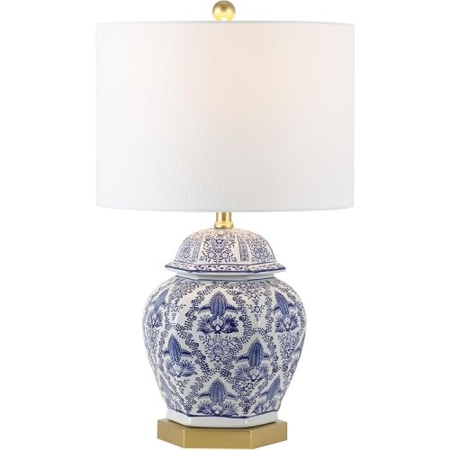 JONATHAN Y 25" Blue/White Classic Traditional Ginger Jar Ceramic LED Table Lamp, Chinoiserie Table Lamp for Living Room Bedroom, Gold Base, White Linen Shade, LED Bulb Included JYL3051A
