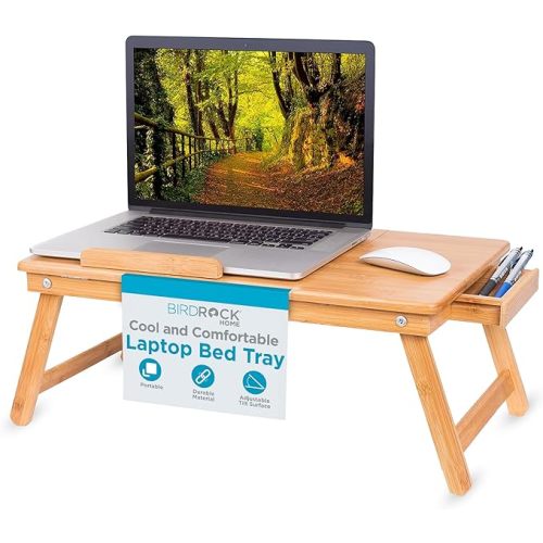BirdRock Home Bamboo Laptop Bed Tray (Natural)| Multi-Position Adjustable Surface | Pull Down Legs | Storage Drawer