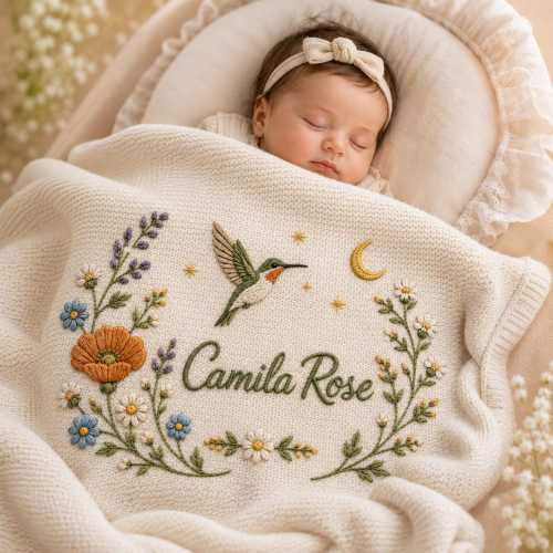 Personalized Wildflower Baby Blanket Name, Custom Embroidered Moon Hummingbird Baby Shower Gift, Gift for Baby Girl, Welcome Baby Blanket