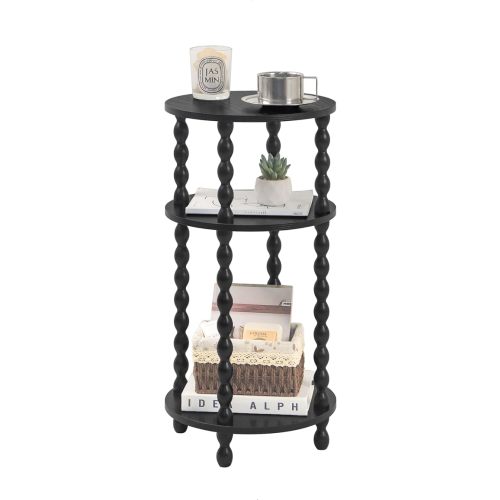 Small Round Side Table, Black End Table with 3-Tier Open Shelf for Small Spaces, Round Bedside Table Nightstand for Bedroom, Living Room, Office, Black