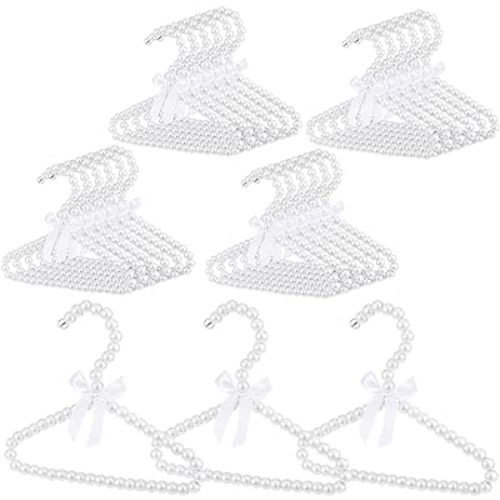 Wesiti 25 Pcs Small Pearl Hanger Mini Pearl Metal Elegant Clothes Hangers with Ribbon for Women Dog Cat (White)