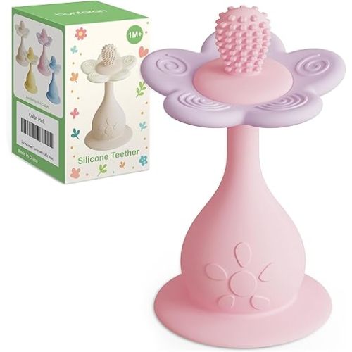 Baby Flower Teether Rattle Toy, Sensory Toy for Baby 0-24 Months, Teething Relief Chewing Toy for Infant, BPA Free Food Grade Silicone Teether (Pink)