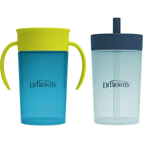 Dr. Brown's Milestones Straw to 360° Cup Set, Convertible Toddler Training Cup Set with Interchangeable Silicone Straw and 360 Degree Cup Lids, Blue Green, 10 oz/300 mL, BPA Free, 9m+, 2 Pack